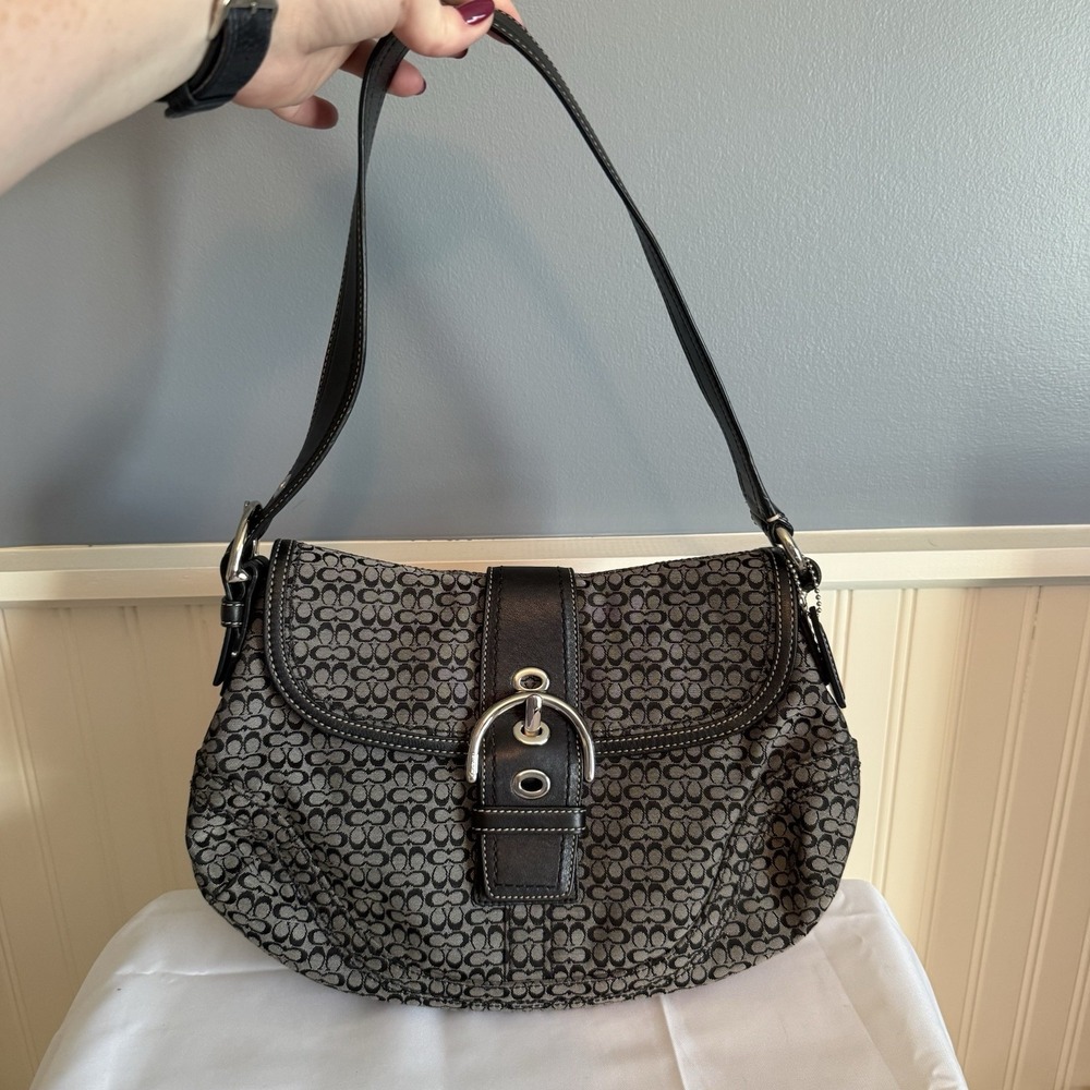 Coach SoHo Signature C Shoulder Bag F12309 Black Y2K Canvas Leather Hobo Purse